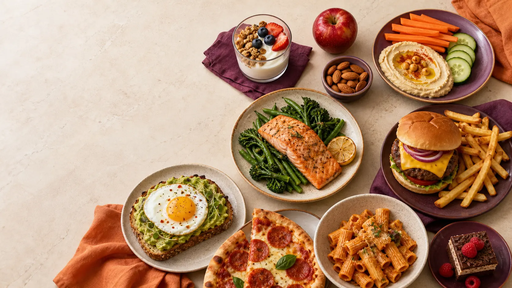 A spread of meals and snacks including salmon, pizza, pasta, avocado toast, fruit, and hummus